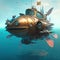 Incredible Major Steampunk balloon floating above water surface. Illustrations Generative AI.