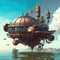 Incredible Major Steampunk balloon floating above water surface. Illustrations Generative AI.