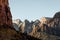 Incredible mountain view landscapes in the valley at Zion National Park in Utah United States. There are amazing colors of orange