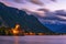 Incredible night scene with Chateau Chillon illuminated in twilight, Geneva Lake, Montreux, canton of Vaud, Switzerland