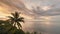 Incredible picturesque pink sky above still sea on coast of Thailand at sunset, coconut palm tree on foreground