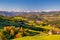 Incredible scenic view of traditional tyrol village with churches in alpine valley at autumn sunny day. Italy