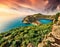 Incredible spring sunrise of Pirates Bay, Porto Timoni, Afionas village location. Perfect morning seascape of Ionian Sea.