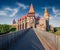 Incredible summer view of Hunyad Castle Corvin`s Castle.