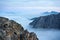 Incredible sunrise with flowing fog in the Dolomites mountains