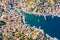 incredible view from the drone of the Bay and the houses of the Greek island. colorful houses, yachts and boats on pier. Greece