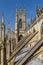 Incredible view of the flying buttresses and architectural details of York Minster Cathedral in Yorkshire, England