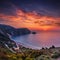 Incredible view of Petani Beach during sunset. Fantastic sunset on Cephalonia Island, Greece, Europe. Impressive evening seascape