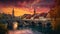 Incredible vivid cityscape. Scenic view Historical Old Town of Bern city with colorful sky during dramatic sunset. generative ai