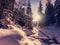 Incredible wintry Sunset. Winter mountain forest. frosty trees under warm sunlight. picturesque nature scenery. creative artistic