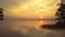 Incredibly beautiful early morning on the lake. fog over the water surface in the rays of an orange dawn. drone view 4K