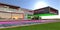 Incredibly bright moon over a modern high-tech estate with multi-colored illumination of the facade elements. 3D rendering