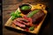 Incredibly delicious hot steak of weak roasting on wooden board with sauce