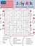Independence Day 4th July word search puzzle for learning English words. Holiday crossword. Logic game. Patriotism theme.