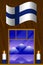 Independence Day of Finland. The concept of a national holiday. Flag of Finland. Window overlooking the mountain landscape. 2 whit