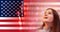 Independence day usa party background,banner of American flag and delighted girl looks at the fireworks,fourth july celebration
