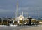 Independence Square with fountain, KAZAKH ELI monument,  and Hazret Sultan cathedral mosque. Nur Sultan