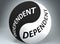 Independent and dependent in balance - pictured as words Independent, dependent and yin yang symbol, to show harmony between