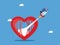 Independent mind concept. Group of businessmen riding a rocket flying out of the heart