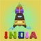 India - background with pattern colorful rickshaw and lettering `India`