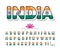 India cartoon font. Indian national flag colors. Paper cutout glossy ABC letters and numbers. Bright alphabet for tourism design.