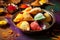 India close up of traditional Holi sweets gujiya and thandai, festival celebration with copy