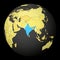 India on dark globe with yellow world map.