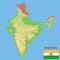 India. Detailed physical map of India colored according to elevation, with rivers, lakes, mountains. Vector map with