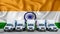 India flag in the background. Five new white trucks are parked in the parking lot. Truck, transport, freight transport. Freight