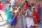 India, Hampi, 01 February 2018. A group of Indian men and women on a street in the village of Hampi, inside the temple of