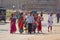 India, Hampi, 02 February 2018. The main street of Hampi village is women in bright and colorful saris, men, children, a group of