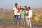 India, Hampi, January 31, 2018. Men Hindus are photographed with a European girl with fair skin and blond hair. Andjaneya Hill,