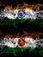 India, Indian vs Niger, Nigerien smoky mystic flags placed side by side. Thick colored silky abstract smoke flags
