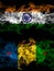 India, Indian vs Ogoni people smoky mystic flags placed side by side. Thick colored silky abstract smoke flags