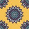 India inspired colorful mandala design seamless pattern template. Vector illustration on yellow background