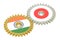 India and Japan flags on a gears, 3D rendering