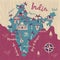 India map, vector flat illustration, Elephant, cow, sitar, palm tree, city.
