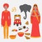 India symbols set. Hinduism design elements. South Asia beautiful woman and man wearing indian traditional cloth. Vedic cuisine