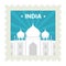 India Travel Stamp Or Ticket Design With Taj Mahal Against Blue Rays