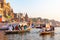 India, Varanasi, 27 Mar 2019 - A view of the ghats Ratneshwar Mahadev, Manikarnika Ghat and Scindia Ghat in Varanasi