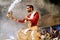 India. Varanasi Benares Uttar Pradesh. Aarti hindu ceremony by the river Ganges