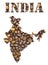 India word and country map shaped with coffee beans background