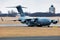Indian Air Force Boeing C-17A Globemaster III military transport plane and aircraft at Budapest Airport. Evacuation special flight