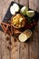 Indian apple chutney with ingredients close-up on the table. Vertical top view