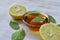 Indian Ayurvedic Kadha or Karha or health tonic for fighting seasonal infections, made using ginger, tulsi, honey and lemon on