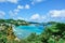 Indian bay beach and blue lagoon panoramic view from the hill in Saint Vincent and the Grenadines