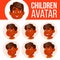 Indian Boy Avatar Set Kid Vector. Kindergarten. Face Emotions. Portrait, User, Child. Junior, Pre-school, Kiddy. Placard
