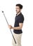 Indian boy holding golf stick in hand.