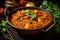 Indian chicken curry recipe served in a black plate. Ai generated