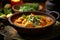 Indian chicken curry recipe served in a black plate. Ai generated